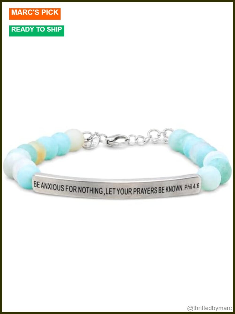 Natural Amazonite Stretch Bracelet with Engraved Stainless Steel Bar -